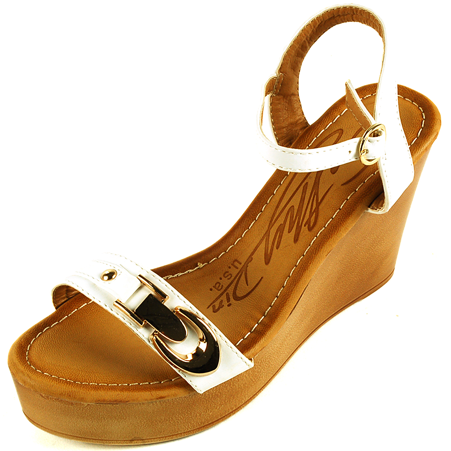 Womens Wedged Heel Gold Accent Open Toe Ankle Strap Padded Shoe